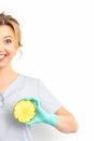 Young Caucasian smiling woman doctor nutritionist holding slices pineapple over isolated white background, breast health Royalty Free Stock Photo