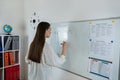 Young caucasian student writes English grammar on the whiteboard in classroom Royalty Free Stock Photo