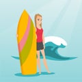 Young caucasian surfer holding a surfboard. Royalty Free Stock Photo