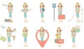 Young caucasian traveler vector illustrations set.