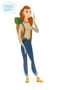 Young caucasian traveler with speech bubble.