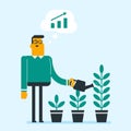 Businessman watering trees of three sizes.