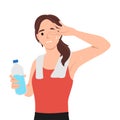 Young caucasian white sporty woman drinking water and wiping sweat with a towel after workout. Healthy lifestyle concept Royalty Free Stock Photo