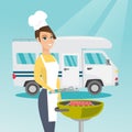 Woman barbecuing meat in front of camper van.