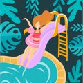 Young white woman rides a water slide with a splash in the water park to the pool. Cheerful woman having fun on the water slide in Royalty Free Stock Photo