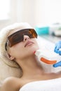 Young Caucasian Winsome Woman Getting IPL Laser and Ultrasound Facial Treatment in Modern Medical Spa Center As Skin Rejuvenation Royalty Free Stock Photo