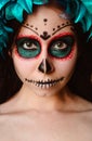 Young caucasian woman in catrina calavera style makeup vertical portrait close up face Royalty Free Stock Photo