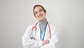 Young caucasian woman doctor smiling confident standing with arms crossed gesture over isolated white background Royalty Free Stock Photo