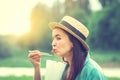 young caucasian woman eating thai food at sunset Royalty Free Stock Photo