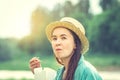 young caucasian woman eating thai food at sunset Royalty Free Stock Photo