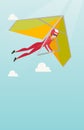 Young caucasian woman flying on hang-glider.