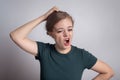 Young caucasian woman girl, yawning, tired or sleepy Royalty Free Stock Photo