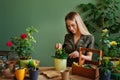 Young Caucasian woman hold pot take care of green plant in office or home fertilize enrich ground, millennial female water Royalty Free Stock Photo