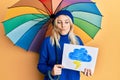 Young caucasian woman holding rain draw and umbrella making fish face with mouth and squinting eyes, crazy and comical