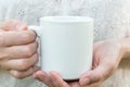 Young caucasian woman holding a white mug, mock up, blank space for text, artwork, hands, linen shirt