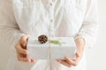 Woman holds in hands gift box wrapped in white paper tied with twine pine cone juniper twig. Pastel colors. Christmas