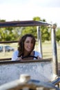 Young caucasian woman outdoors playground Royalty Free Stock Photo