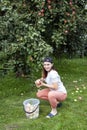 Young caucasian woman picking apples in the garden Royalty Free Stock Photo