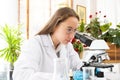 Young Caucasian woman scientist looking through a microscope in a laboratory for doing research. Students analyze biochemical. Royalty Free Stock Photo