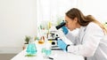 Young Caucasian woman scientist looking through a microscope in a laboratory for doing research. Students analyze biochemical by Royalty Free Stock Photo