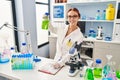 Young caucasian woman scientist measuring liquid writing on document at laboratory Royalty Free Stock Photo