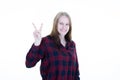 Young caucasian woman showing victory hand sign finger v isolated on white background Royalty Free Stock Photo