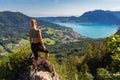 Young caucasian woman standing on lookout Sankt Gilgen near hill Schafberg with Attersee, Austria Royalty Free Stock Photo