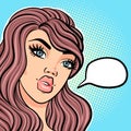 Young caucasian woman with thinking cloud for text in pop art retro comic style Royalty Free Stock Photo