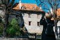 Travelling woman taking photo with smartphone Royalty Free Stock Photo