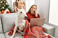 Young caucasian woman using laptop and talking on the smartphone sitting with dog by christmas tree at home Royalty Free Stock Photo