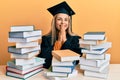 Young caucasian woman wearing graduation ceremony robe sitting on the table praying with hands together asking for forgiveness