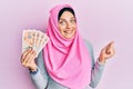 Young caucasian woman wearing islamic hijab holding 10 pounds banknotes screaming proud, celebrating victory and success very