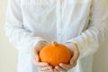 Young caucasian woman in white cotton shirt holds in hands small orange heirloom hokkaido pumpkin on wall background. Thanksgiving