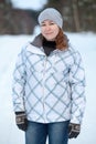 Young Caucasian woman in winter jacket is outdoor at wintry weather Royalty Free Stock Photo