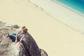 Young Caucassian woman on a white sandy beach in Luskentyre, Isle of Harris, Scotland