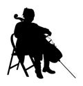 Young cellist vector silhouette siting and playing cello on white background. Woman artist play cello. Royalty Free Stock Photo