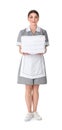 Young chambermaid holding stack of fresh towels on background Royalty Free Stock Photo