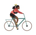 Young character riding bicycle. Black african girl rides on bike. Woman sports gear outdoor activity in park, healthy