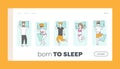 Young Character Sleeping on Comfy Bed Top View Landing Page Template. People Sleeping Poses