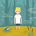 Young character stuck in the swamp / flat editable vector illustration, clip art