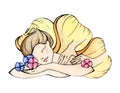 Young character woman relax massage. Design element for spa therapy in watercolor hand draw style. Service beauty salon
