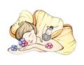 Young character woman relax massage with herbal pouch. Design element for spa therapy in watercolor hand draw style