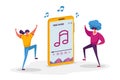 Young Characters Listen Music Player, Dancing on Disco Party. Happy People in Fashioned Clothing Spending Time Together Royalty Free Stock Photo