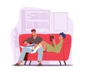 Young Characters Spend Free Time Together. Couple Woman and Man Sitting on Sofa at Home Reading Books, Leisure Relax Royalty Free Stock Photo