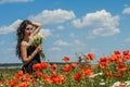 Young charming brunette girl with a bouquet of white field chamomiles on a summer sunny day