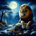 A young charming lion on the rocks, by the water of a river, at a moonlit, night, jungle, wild plants, trees, bold painting art