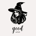Young charming witch woman face with a moon in a hat Halloween silhouette portrait, vector party card