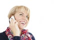 Young charming woman calling with cell telephone. Attractive female with cute smile having talking conversation with mobile phone Royalty Free Stock Photo