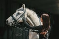 Young charming woman walking with white horse in summer warm day at country estate. Lifestyle mood. Concept of nature Royalty Free Stock Photo