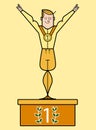 Young cheerful caucasian white sportsman standing on the winners podium with raised hands, vector illustration